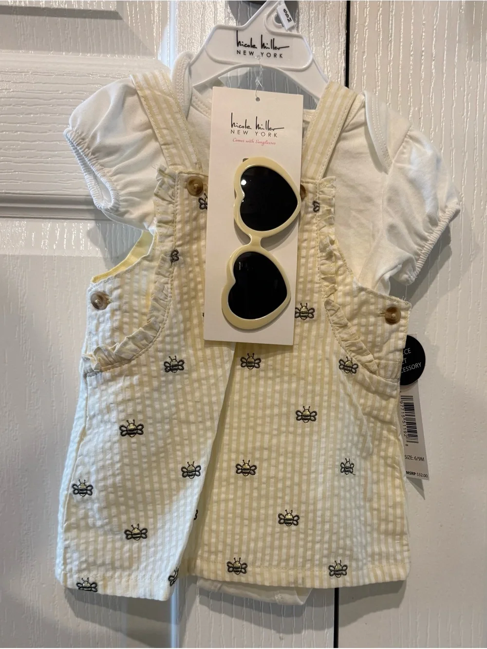 Nicole Miller Yellow Bee Seersucker Overall Dress with Cream Sunglasses